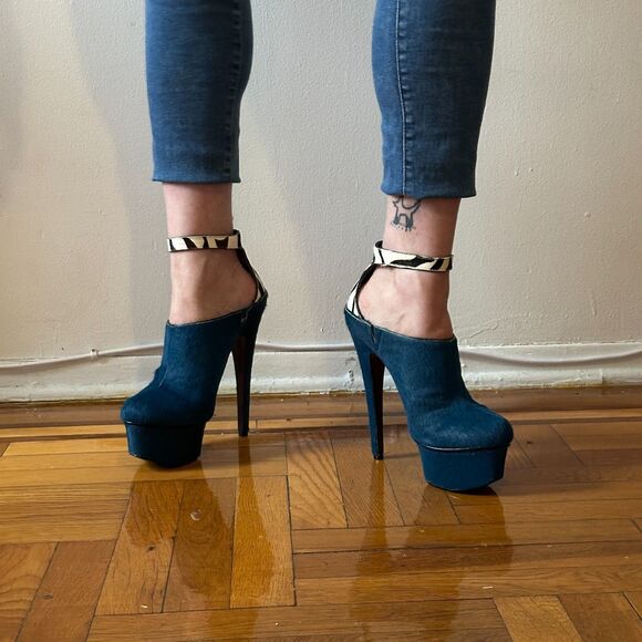 London Trash Wynne Blue and Zebra Print Mule High Heel Platform Ankle Strap 11us - Picture 2 of 8